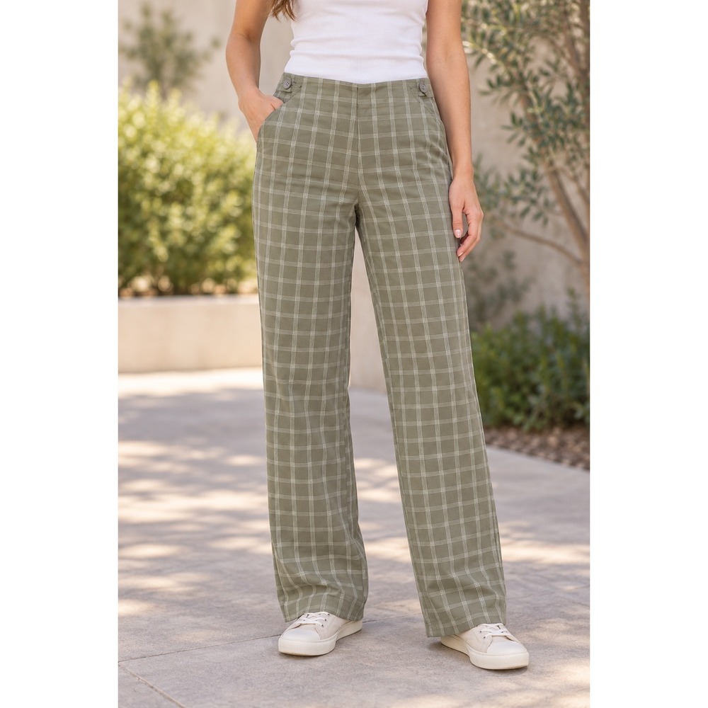 J.Crew Women's Size 2 Olive Green Plaid Double Button Front Wide Leg Pants